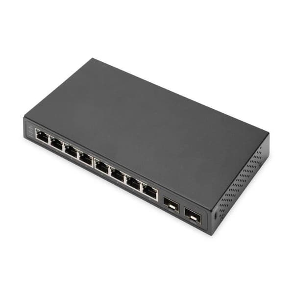DIGITUS-switch - 8 RJ45-portar 10/100/1000 Mbit/s + 2 SFP-portar 1 Gbit/s - Ohanterad - Auto MDI/MDI-X