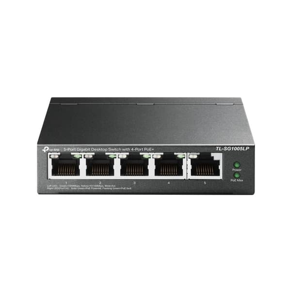 TPLINK TL-SG1005LP 5P Gb Switch 4P PoE+ TL-SG1005LP 5-Port Gigabit Desktop Steel Case Switch med 4-Port PoE+ 40W PoE-budget