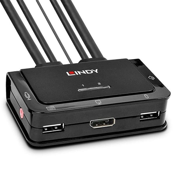 LINDY KVM-switch DisplayPort 2 portar 1.2 USB 2.0 och ljudkablar inbyggda