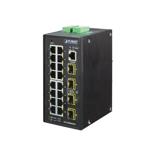 PLANET IGS-20040MT Managed Switch 16 x 10-100-1000 + 4 x Gigabit SFP DIN-skenamontering, väggfäste 24V AC - 12 72V...