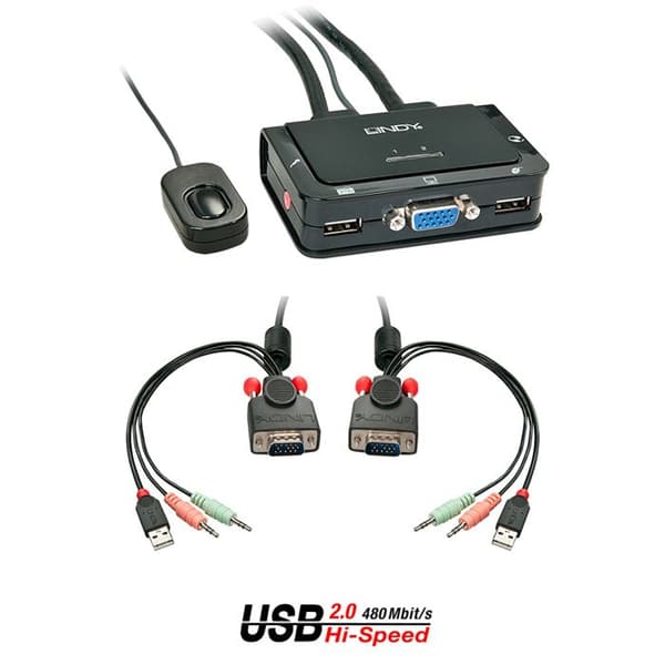 KVM Switch - Kompakt - 2 Portar - USB 2.0 - VGA - Ljud Svart