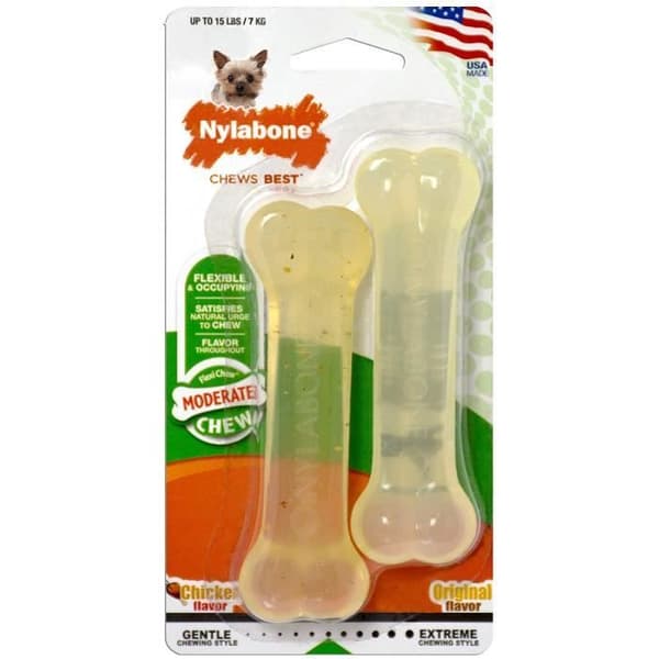 Tuggleksak - Nylabone - Set med 2 - Smaker av nötkött/kyckling - För mindre aggressiva hundar - Mjuka material