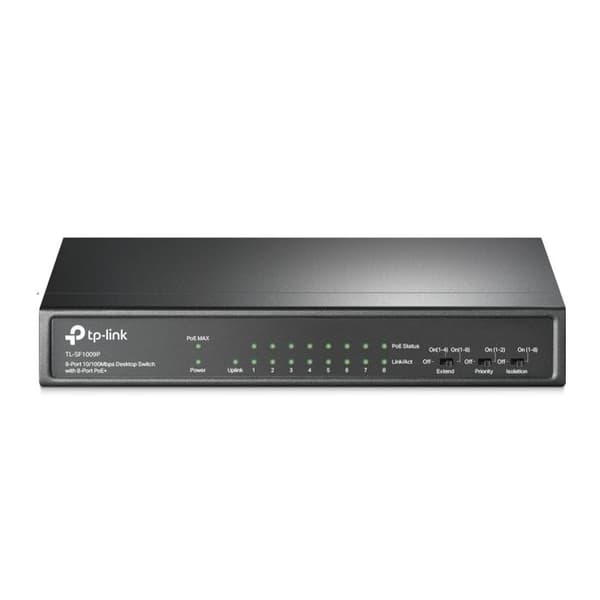 TPLINK TL-SF1009P 9-portars PoE+ Switch TL-SF1009P PoE+ Switch 8x 10/100Mbps PoE+ + 1x RJ45 10/100 Non-PoE 65W 802.3at/af Desktop