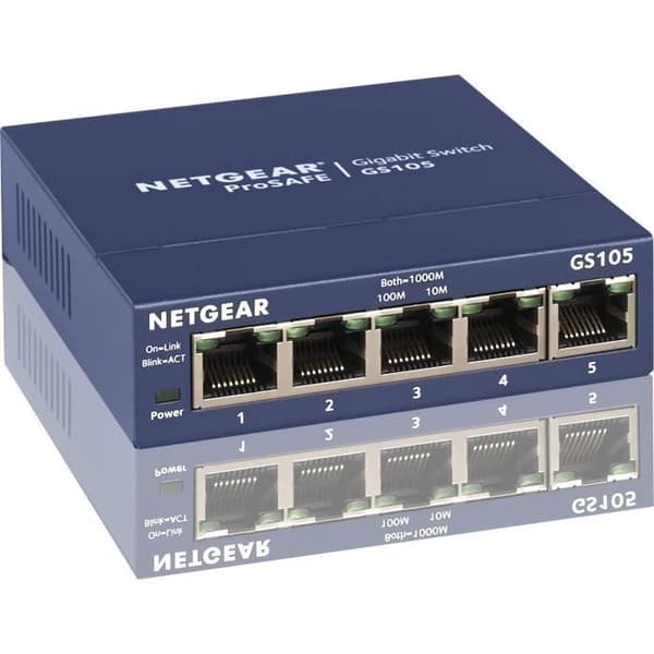NETGEAR GS105 5-ports metall Gigabit Ethernet-switch (10/100/1000), ProSAFE-skydd, livstidsgaranti Idealisk för små och medelstora företag och VSE Blå