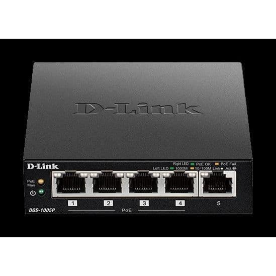 D-LINK DGS-1005P Desktop Switch - 5-Port Gigabit PoE+ - Svart