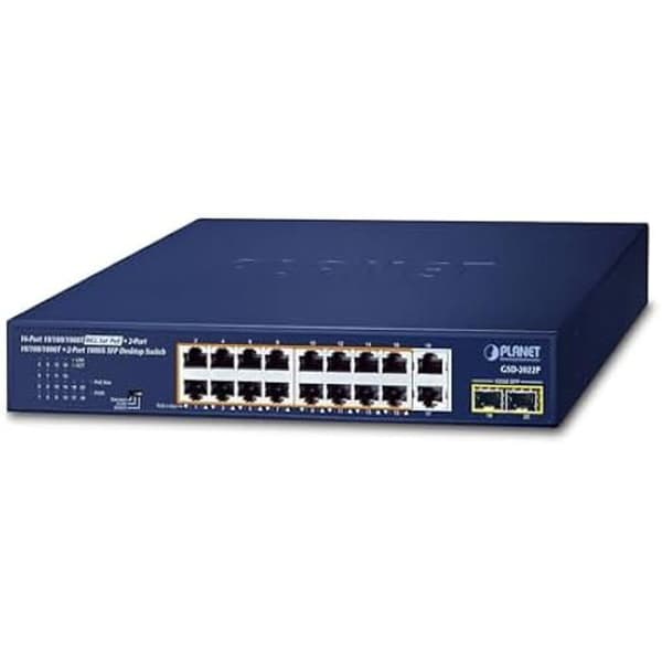 Gigabit PoE+ Switch - PLANET - GSD-2022P - 16 10/100/1000T-portar - 2 1000BASE-X SFP-portar - 185W PoE Totalt Blå