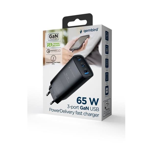Laddare - GEMBIRD - TA-UC-PDQC65-01-BK - 3 portar - 65 W - Snabbladdning - GaN Technology