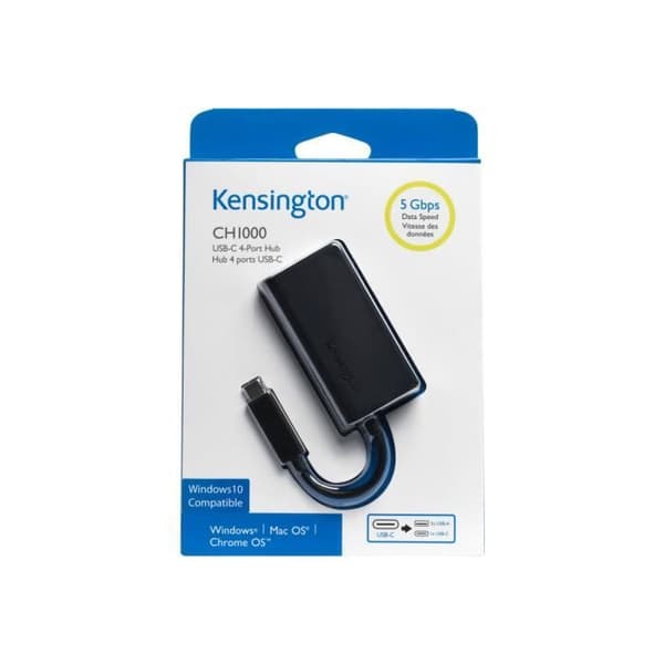 USB Hub - KENSINGTON - CH1000 - 4 USB 3.1-portar - USB Typ C - Extern - Svart