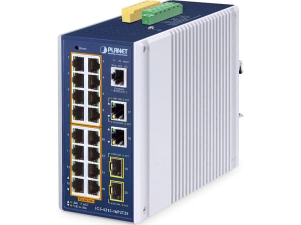 PLANET IP30 Industrial L2/L4 16-Port, Håndtert, L2/L4, Gigabit Ethernet (10/100/1000), Full tosidig, Strøm over Ethernet (PoE), Kan monteres på vegg