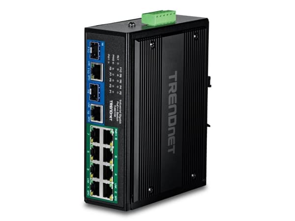 TRENDnet TI-BG108 - Version v1.0R - switch - industriell - ohanterad - 8 x 10/100/1000 (PoE++) + 2 x combo Gigabit SFP/RJ-45 - DIN-skenmonterbar, väg