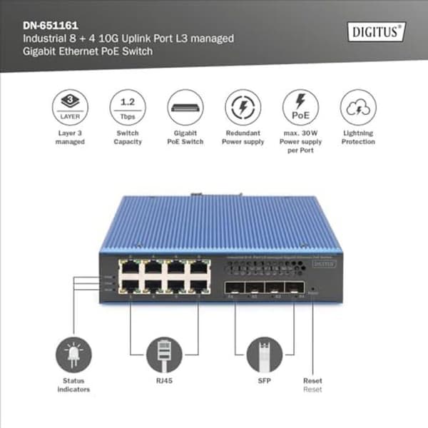 PoE nätverksswitch - DIGITUS - 12 Gigabit Ethernet-portar - 8X RJ45 + 4X SFP+ - Managed L3 - VLAN