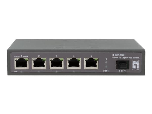 LevelOne GEP-0625, Ohanterad, 2.5G Ethernet (100/1000/2500), Full duplex, Strömförsörjning via Ethernet (PoE) stöd