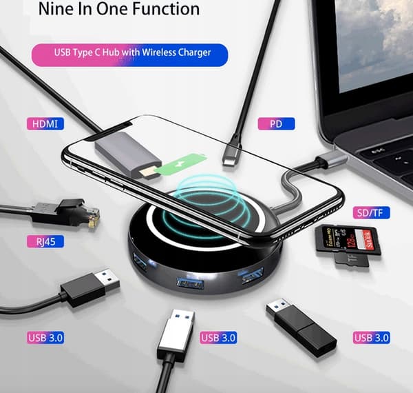 Induktionsladdare + USB-C HUB 3.0 HDMI LAN-adapter