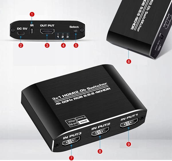 VAIHDA HDMI 2.0b 3x1 SPLITTER 4K/60HZ HDCP 2.2