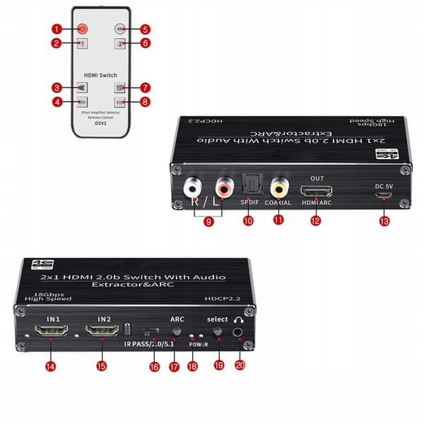 SWITCH HDMI 2.0 2x1 SPLIT EXTRACTOR SPDIF 4K