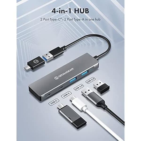 USB 3.0 Hub - GRAUGEAR - 4 portar - 2x USB-C - 2x USB-A - Aluminium - 20 cm