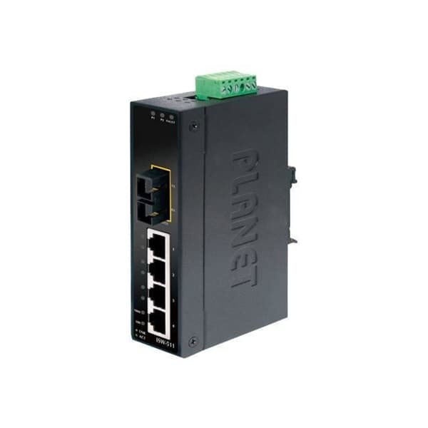 PLANET ISW-511 Switch - 4 x 10-100 + 1 x 100Base-FX - DIN-skena montering, väggmonterad DC-spänning Svart