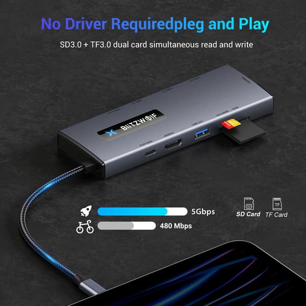 BW-UUSI TH8 10-in-1 Type-C HUB, Type-C PD 100 W virransyöttö USB3.0 Type-C 3.0 4K@60HZ SD & TF-korttipaikka RJ45 1000Mbps - 10 in 1
