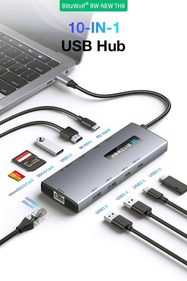 BW-UUSI TH8 10-in-1 Type-C HUB, Type-C PD 100 W virransyöttö USB3.0 Type-C 3.0 4K@60HZ SD & TF-korttipaikka RJ45 1000Mbps - 10 in 1
