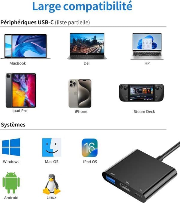 USB C till HDMI-adapter - Flerfärgad - 4K - Power Delivery 100W - USB 3.0 - 3 portar