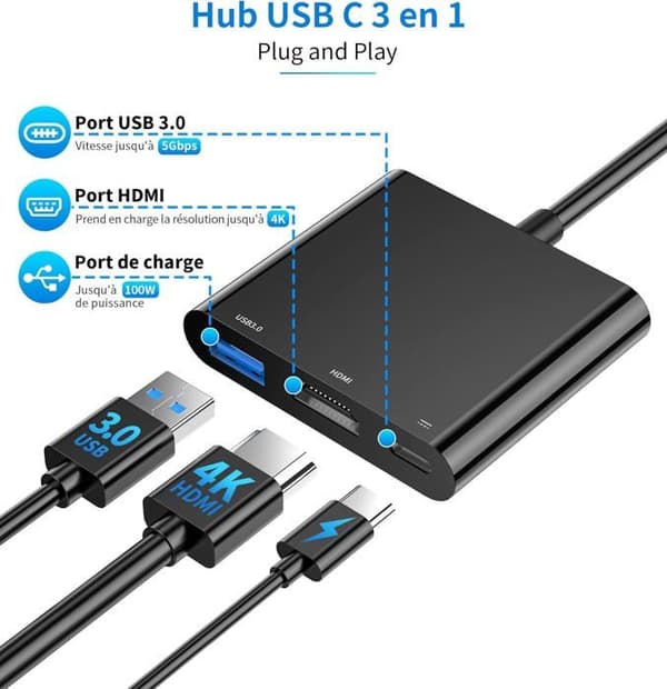 USB C till HDMI-adapter - Flerfärgad - 4K - Power Delivery 100W - USB 3.0 - 3 portar