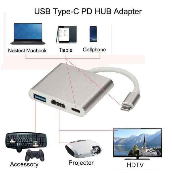 Typ C till 4K HDMI USB3.0 Laddare HUB Adapter USB-C 3.1 Konverterare för Macbook silver