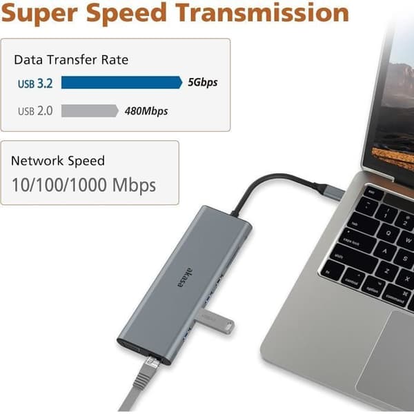 USB C-dock 14 i 1 - AKASA - Dubbel HDMI 4K - VGA 1080P - 60W - Sideral aluminium