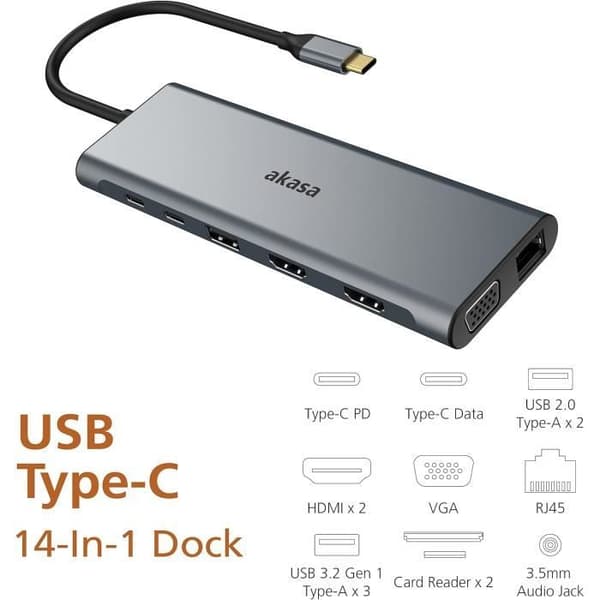 USB C-dock 14 i 1 - AKASA - Dubbel HDMI 4K - VGA 1080P - 60W - Sideral aluminium