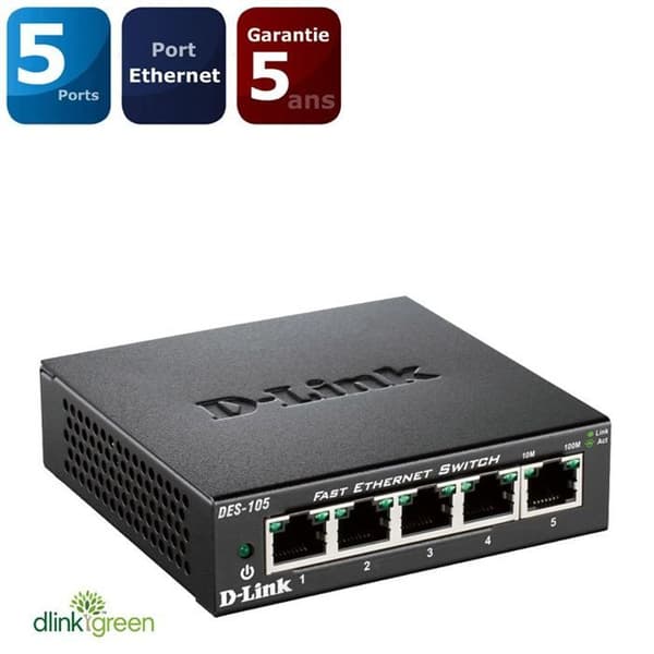 D-Link DES 105 Växla 5 portar metallhölje Svart