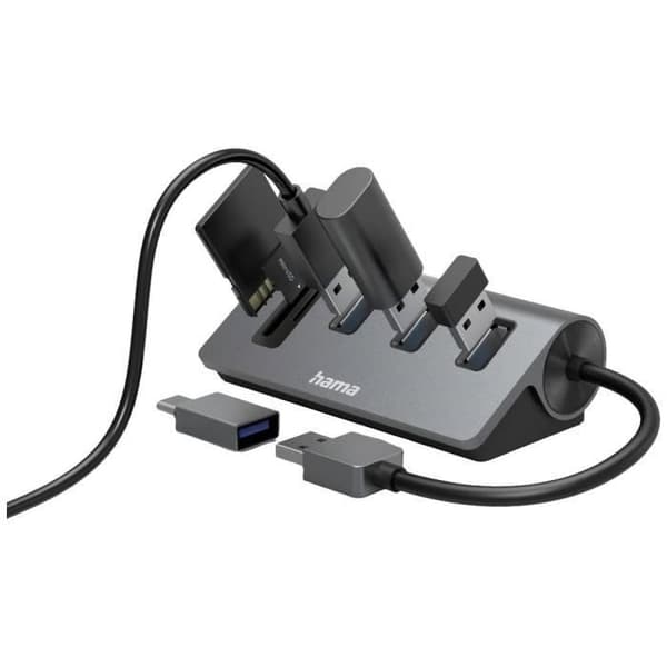 USB 3.0-hub - Hama - 5 portar - SD-kortläsare - Aluminium - Grå