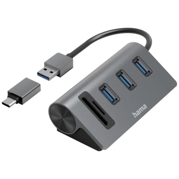 USB 3.0-hub - Hama - 5 portar - SD-kortläsare - Aluminium - Grå