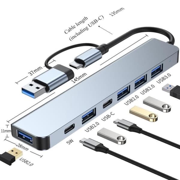 USB C-hubb, 1 port USB 3.0, 3 portar USB 2.0, PD 5W, med USB-C datadelare USB Bärbar för MacBook Pro/Air m.m., Grå