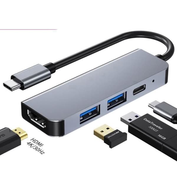 USB C-hubb, 4-i-1 USB C-adapter, Multiport-adapter HDMI, USB3.0 och USB2.0 + PD-laddning, för MacBook Pro, iPad Pro, Pixelbook osv.
