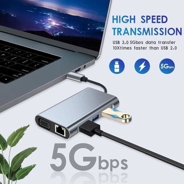 HUB USB C, USB C-adapter 8 i 1 med HDMI*2, VGA, USB 3.0*1, 2.0*2, PD100W, Ethernet RJ45100M, SD/TF-kortläsare, Grå