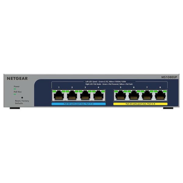 NETGEAR MS108TUP - Hanterbar Ethernet-switch 230W 8 portar 2.5Gbps varav 4 PoE++ 4 PoE+ - Rackbar