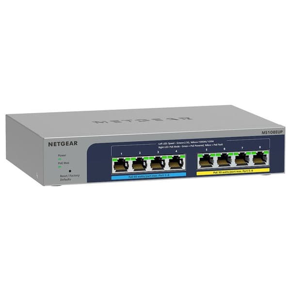 NETGEAR MS108TUP - Hanterbar Ethernet-switch 230W 8 portar 2.5Gbps varav 4 PoE++ 4 PoE+ - Rackbar Grå