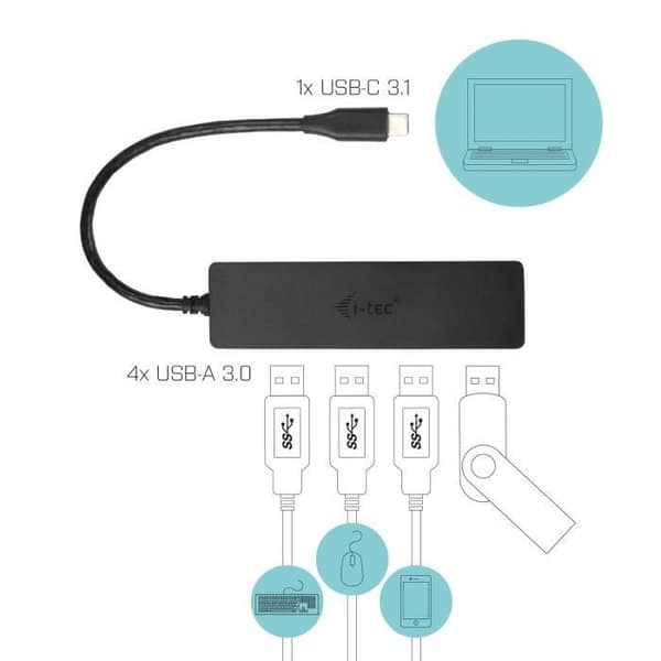 USB-C HUB I-TEC med 4 USB 3.0-portar med integrerad kabel 20 cm