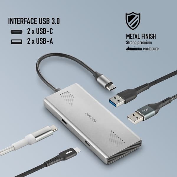 USB-hubb - NGS - WONDERDUO-C - 4 portar (2 USB-C + 2 USB-A) - Aluminium - 5 Gbps