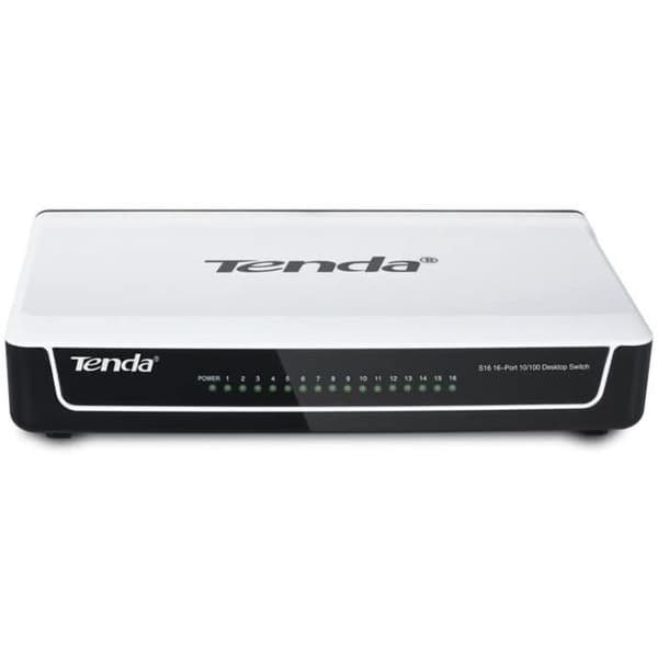 TENDA Switch Desktop 16 portar 10/100 Mbps RJ45, Plug&amp;Play, auto MDI/MDIX, idealisk för stora hyreshus och små och medelstora företag, S16 Svart, Vit