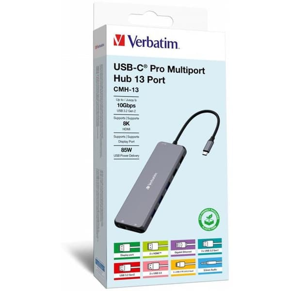 VERBATIM Pro USB-C Multiport Hub - CMH-13 - 13 portar - HDMI, DP, SD, micro SD, Ethernet, USB-A, USB-C - Svart