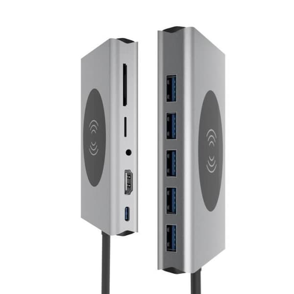 13 i 1 USB-C Hub USB-C till HDMI + VGA + USB3.0 * 5 + SD + TF + RJ45 + PD + 3,5 mm ljud + 10W trådlös laddare