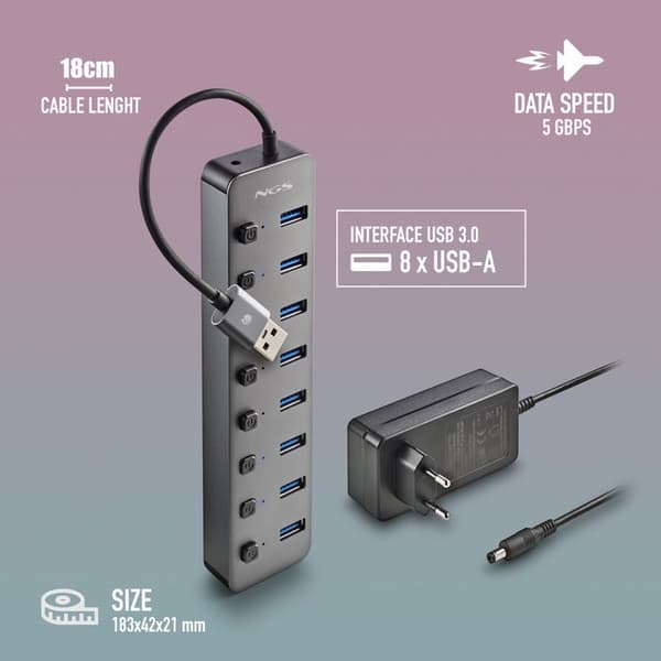 NGS IHUB 8: 8-ports USB 3.0-hubb. Dataöverföringshastighet på 5 Gbps. Kabellängd: 180mm. Plug &amp; Play. Svart.