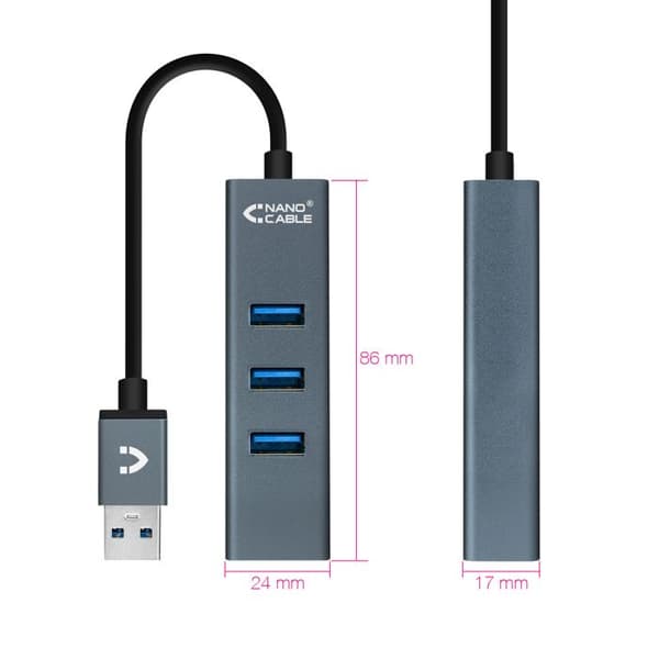 USB-hub 4 portar - NANOCABLE - 10.16.4402 - USB 3.0 - Grå - Enkel installation
