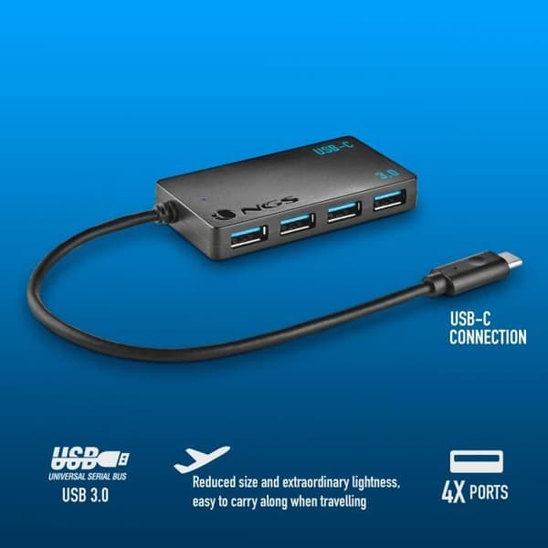 HUB USB-C - NGS - WONDER IHUB4 - 4 Ports USB 3.0 - Snabb överföring - Kompakt och lätt