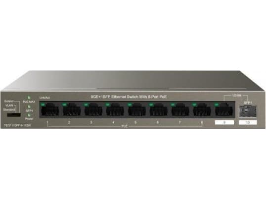 Tenda TEG1110PF-8-120W, Uhåndtert, Gigabit Ethernet (10/100/1000), Strøm over Ethernet (PoE), Kan monteres på vegg