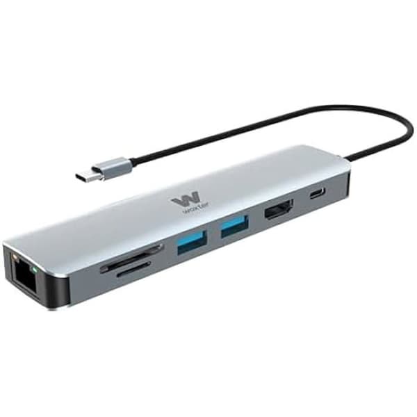 WOXTER HUB 7 i 1 aluminium - med typ C-anslutning, 4K HDMI, USB 3.0-portar med hastighet upp till 5 Gbps, minneskort