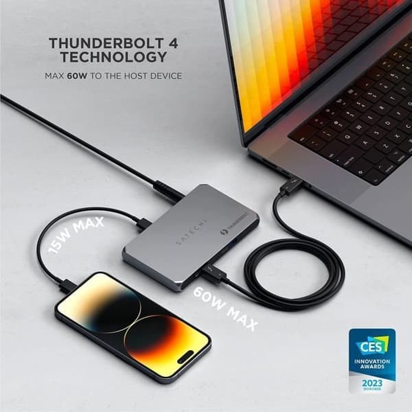 Satechi Thunderbolt 4 Slim Hub 5-i-1, USB-C Laddning 60W, Enkel 8K eller Dubbel 4K Skärm, 4 Thunderbolt 4-portar, USB 3.2 Gen 2 -Kompatibel