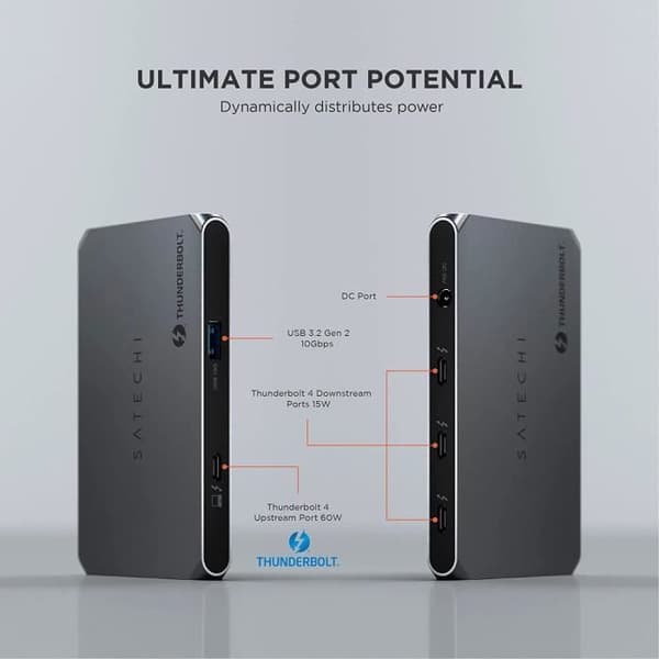 Satechi Thunderbolt 4 Slim Hub 5-i-1, USB-C Laddning 60W, Enkel 8K eller Dubbel 4K Skärm, 4 Thunderbolt 4-portar, USB 3.2 Gen 2 -Kompatibel