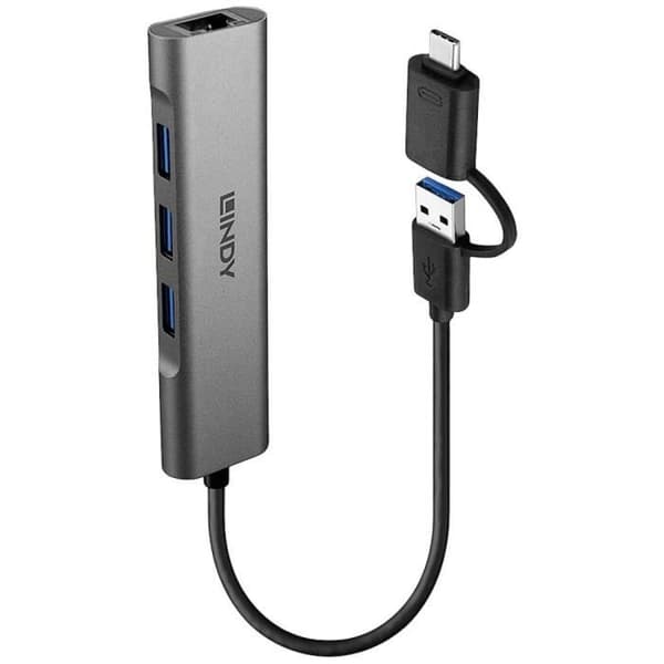USB 3.0 Hub - LINDY - 43379 - 3 portar - Gigabit Ethernet-konverter - Grå