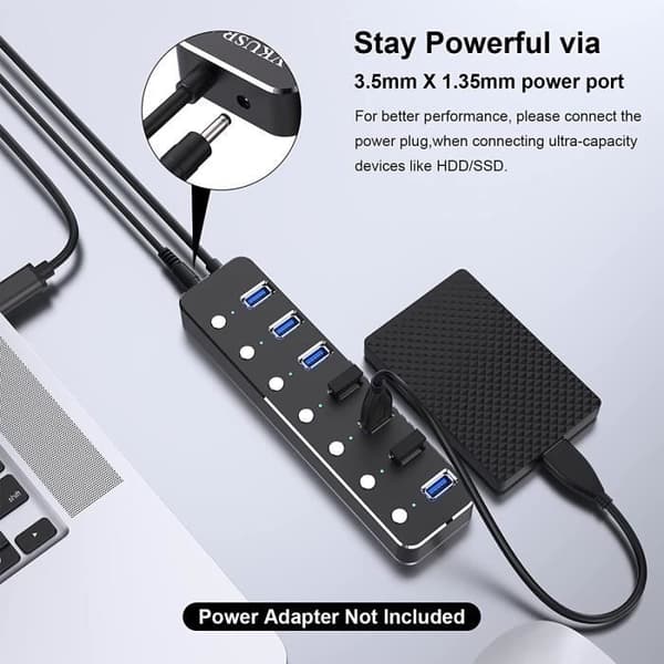 USB 3.0-hubb, 7-portars USB 3.0 splitter med lång kabel på 1,2 m, med strömbrytare - Strömadapter ingår